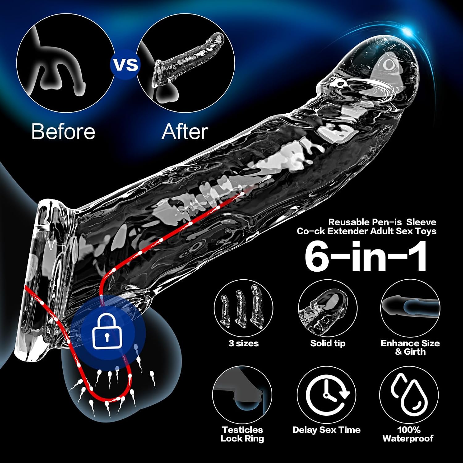 3 Sizes Reusable Penis Sleeve with Cock Ring thumbnail 4