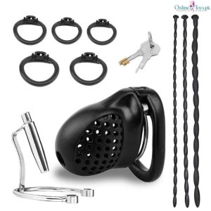 Male Chastity Cage with 5 Size Rings and 3 Urethral Set