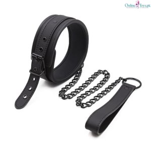 Leather BDSM Collar Harness with Chain Leash
